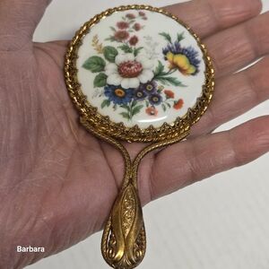 Vintage 70s Gold-tone Handbag Mirror with Porcelain Hand-painted Floral Back